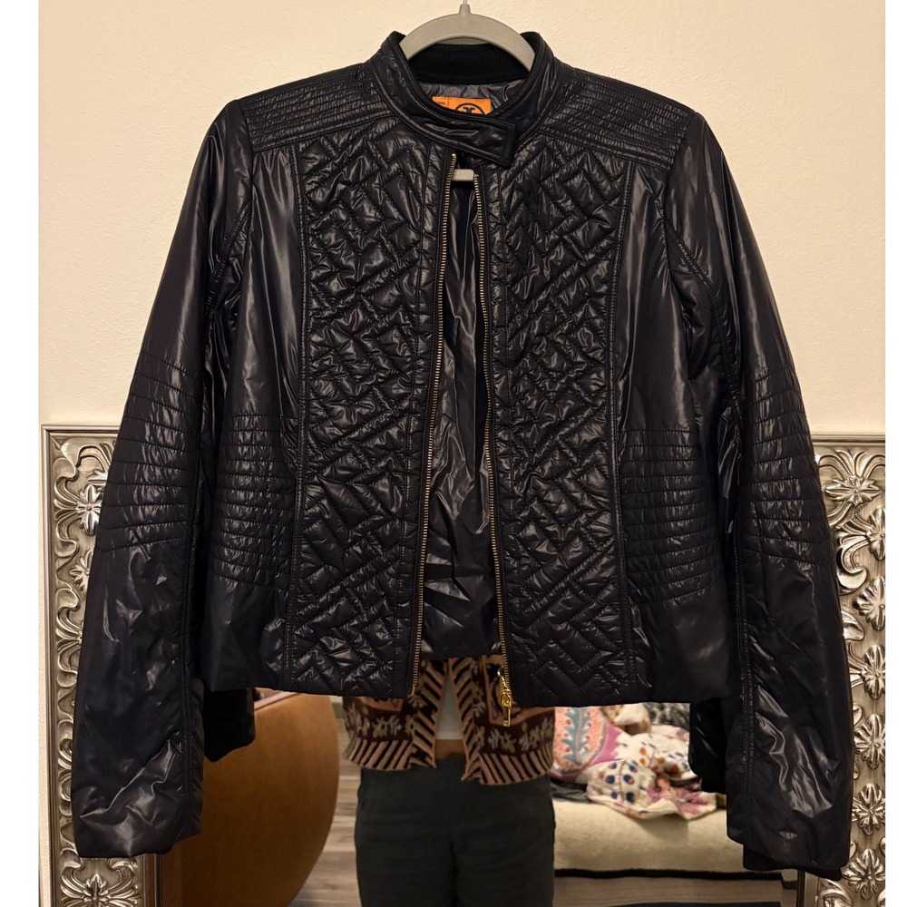 Tory Burch Navy Blue Quilted Puffer Moto Jacket Full Zip Lightweight XS gf